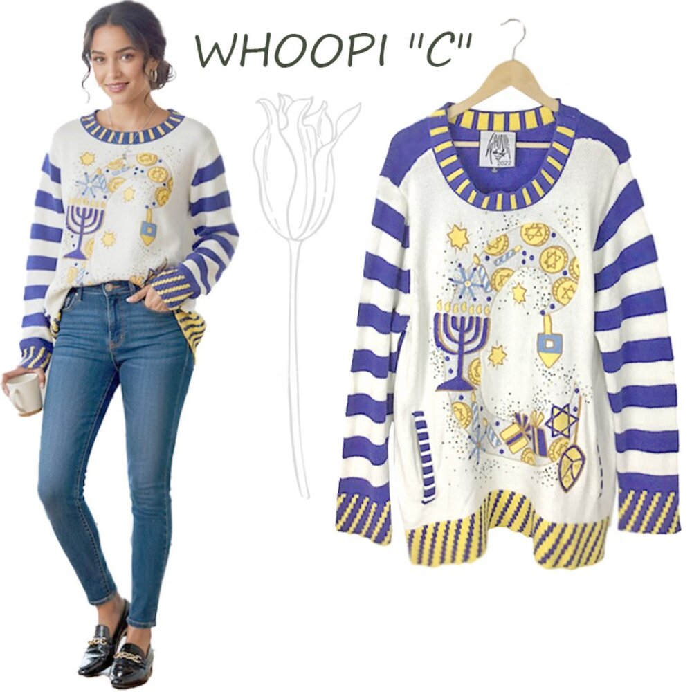 WHOOPI "C" For Chanukah Cotton Blend Crewneck Holiday Christmas Party Sweater - Picture 1 of 10